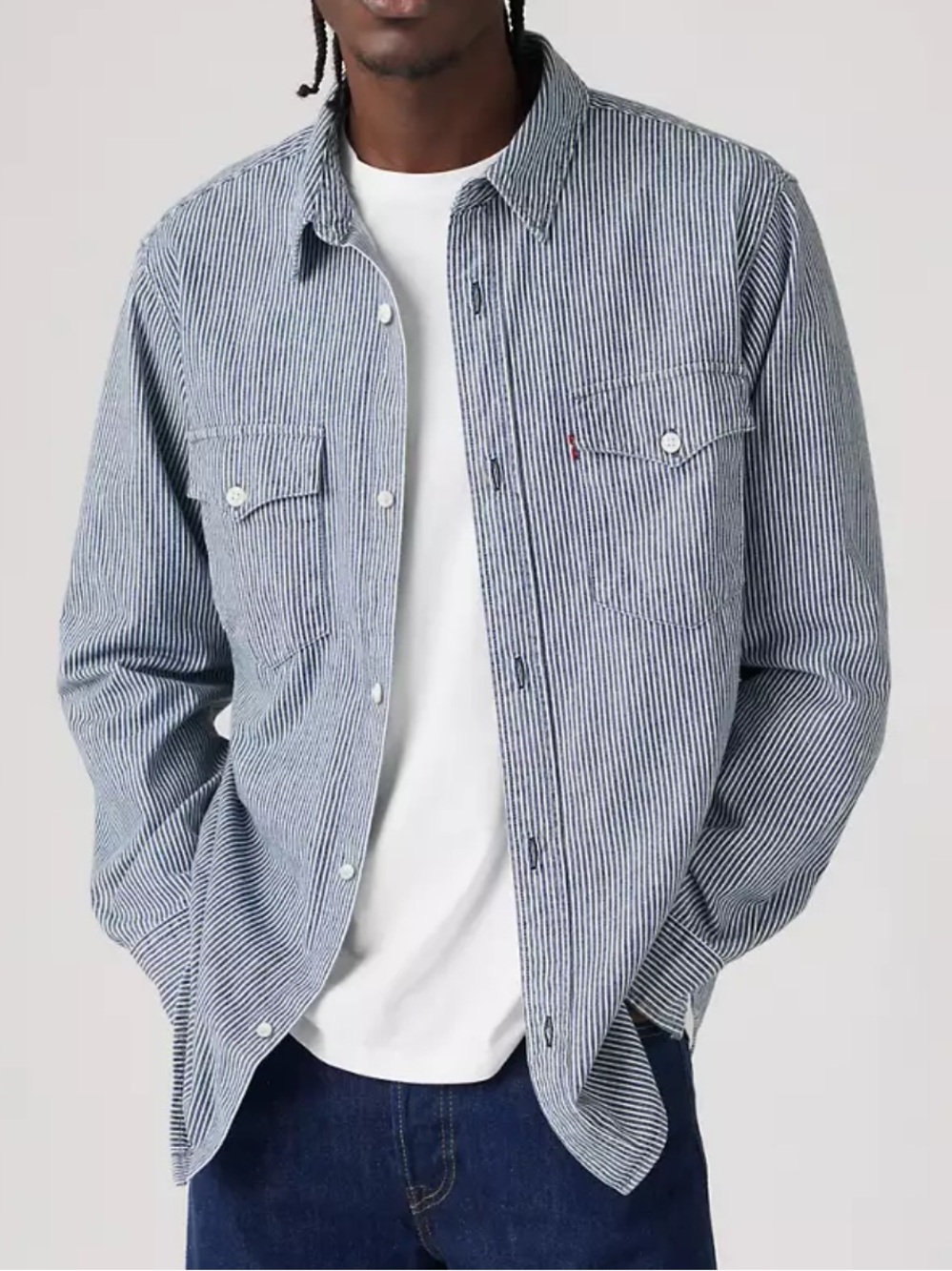 Levi's Men's Relaxed Western Navy and White Striped Casual Button-Down Shirt XL